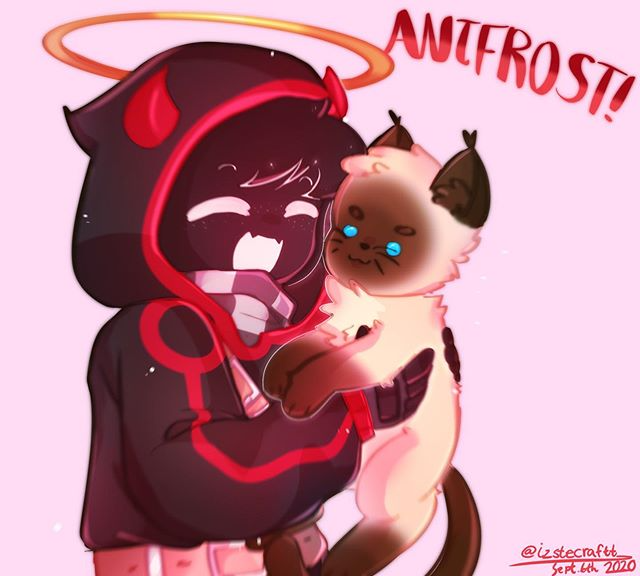 This is a drawing of Bad holding Ant like he would a cat. Bad is in his minecraft skin's outfit while Ant looks like a basic siamese cat. Bad shouts Antfrost! at Ant in joy. The background is a basic beige.